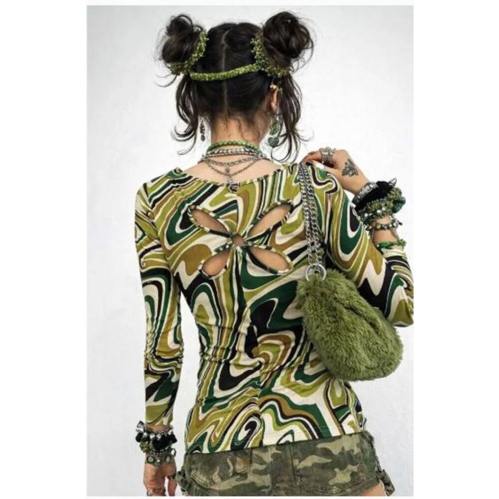 Earthbound Vintage Y2K Butterfly Rib Knit Top Shirt Forest Goblin Grunge Artsy - Picture 8 of 9